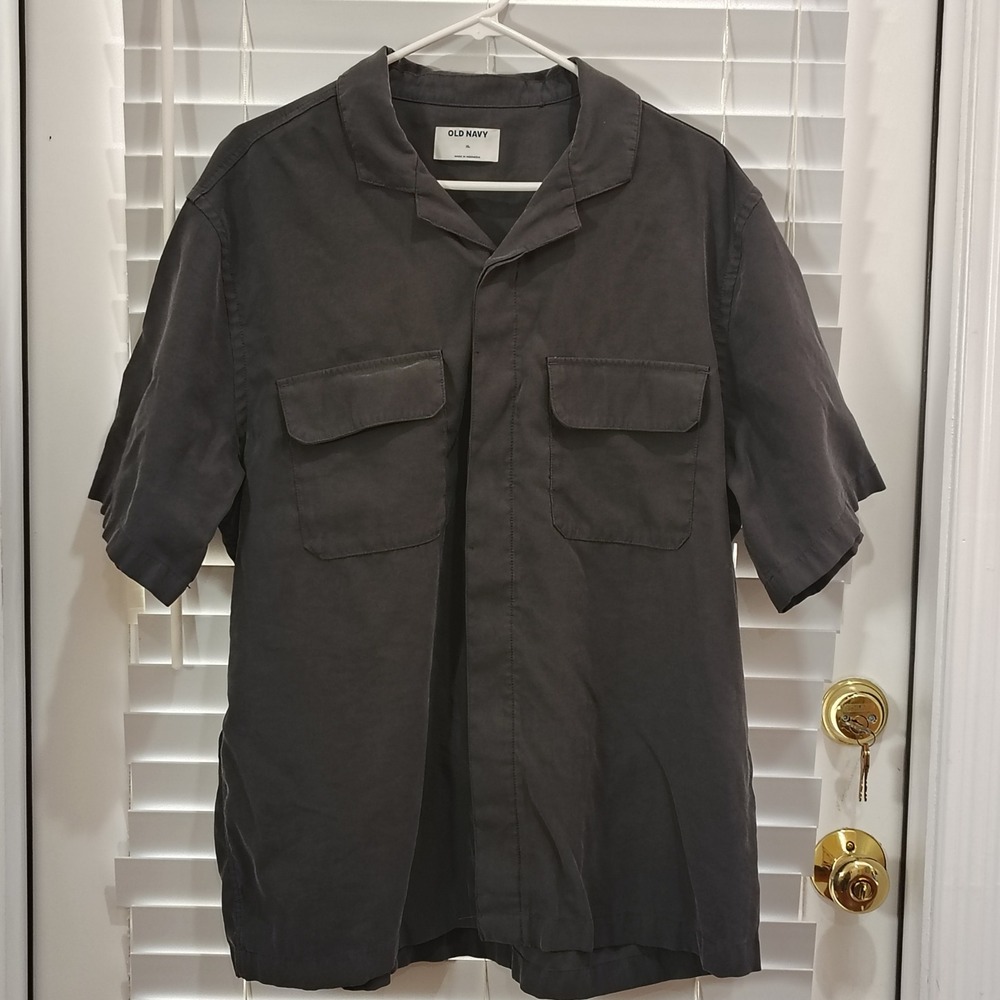 Old Navy Button Up Shirt Mens XL Gray Short Sleeve Flap Pocket Biker Grunge Moto